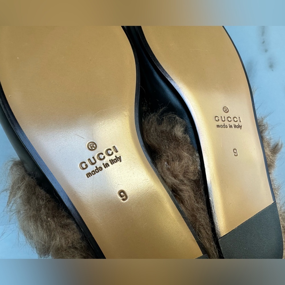 Gucci Princetown Black Leather Fur Loafer Slide Slip On Mule Slipper Flat 9 - Picture 8 of 14